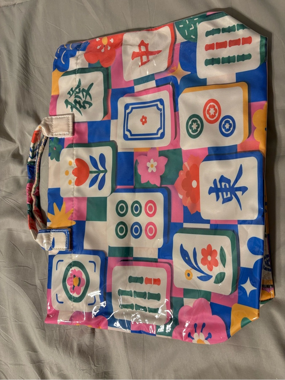 Boutique Mahjong Tile & Floral Print Clear Vinyl Tote Bag - 17" x 14" - Picture 3 of 7